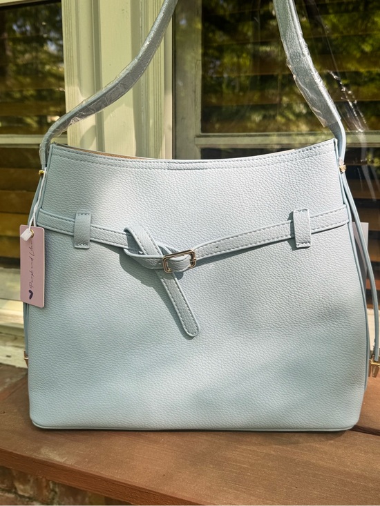 Ello Handbags - Ello Ice Blue Vegan Leather Bucket Shoulder Bag w/ Belt Detail & Pouch